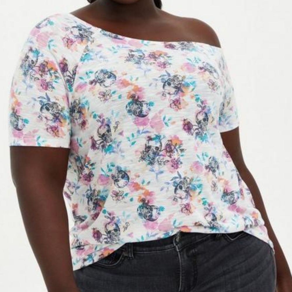 TORRID 1 Plus Size Off / One Shoulder Short Sleeve White Floral Skull Tee Top 1X
